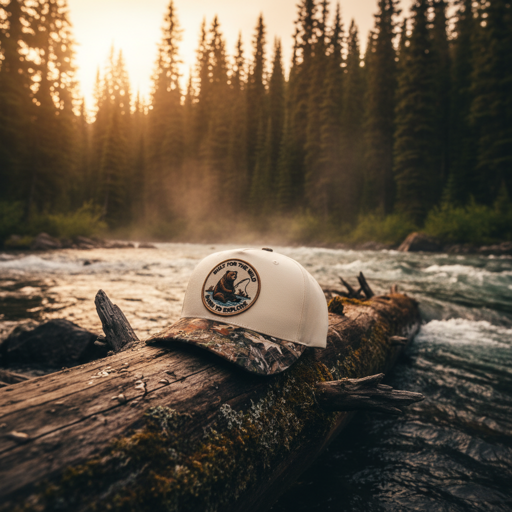 Bearfoot Camo Bill Hat lifestyle shot by the river