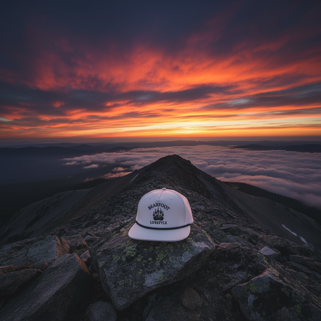 Bearfoot Classic Snapback Hat lifestyle shot at sunset summit