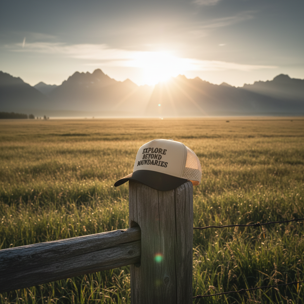 Bearfoot Explore Beyond Boundaries Hat lifestyle shot at meadow sunrise